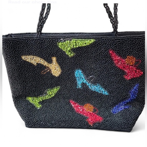 🖤Ingio Christopher🖤 Black Beaded Colorful High Heals Handbag - Picture 1 of 8